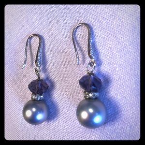 Sterling silver silver pearl and purple earrings.